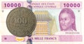 100 central african CFA franc coin against 10000 central africa Royalty Free Stock Photo