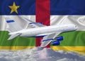 Central African Republic flag with white airplane and clouds. The concept of tourist international passenger transportation