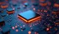 Central AI processor chip glows orange on dark blue motherboard circuit board. Electronic microchip pulses with high speed data Royalty Free Stock Photo