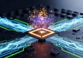 Central AI Processor on a Circuit Board with a Glowing Orange Data Cube and Neon Blue and Green Traces Royalty Free Stock Photo