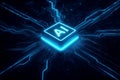 Central AI processor with radiating blue light on a dark circuit board artificial intelligence technology Royalty Free Stock Photo