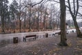 Central alley with benches in Sokolniki Park in Moscow in autumn Royalty Free Stock Photo