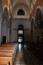 Rijeka, Croatia, May 2021. Central altar and stained glass windows in the background of the Capuchin Church of Our Lady of Lourdes