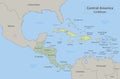 Central America and Caribbean islands map classic color, individual states and city whit names Royalty Free Stock Photo