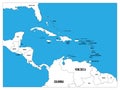 Central America and Carribean states political map. Black outline borders with black country names labels on blue Royalty Free Stock Photo