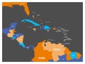 Central America and Carribean states political map with country names labels. Simple flat vector illustration