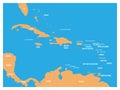 Central America and Carribean states political map. Yellow land with black country names labels on blue sea background