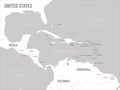 Central America map - white lands and grey water. High detailed political map Central American and Caribbean region with