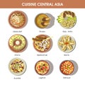 Central Asia food cuisine vector icons for restaurant menu