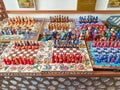 Central Asia. Handmade wooden colorful chess in the form of Uzbek figures