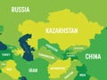 Central Asia map - green hue colored on dark background. High detailed political map of central asian region with