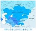 Central Asia Political Map In Colors Of Blue and map pointers Royalty Free Stock Photo