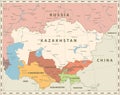 Central Asia Political Map Retro Colors Royalty Free Stock Photo