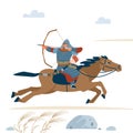 Central Asian Warrior with bow, Riding horse, isolated vector flat illustration. Royalty Free Stock Photo