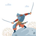 Central Asian Warrior. Nomad warrior with two swords on stone, attacks in battle. Medieval battle illustration Royalty Free Stock Photo