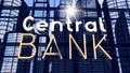 Central bank typographical concept - office buildings and sun reflection. 3D 4k animation