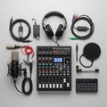 Central is a black audio mixer with multiple channels, knobs, and Royalty Free Stock Photo