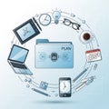A central blue folder labeled Plan surrounded by various office and Royalty Free Stock Photo