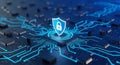 Digital security shield icon with glowing circuit board representing cyber protection and data safety technology Royalty Free Stock Photo