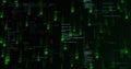 Central C++ code snippet glowing in dark matrix, with green streams, binary digits and katakana Royalty Free Stock Photo