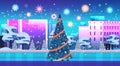 central city square with decorated christmas tree and fireworks in night sky happy new year winter holidays celebration Royalty Free Stock Photo