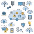 Central cloud icon connects to others, symbolizing data storage and transfer Royalty Free Stock Photo