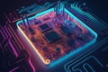 Central computer processor with neon lights integrated microchip circuit board for server.
