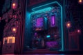 Central computer processor with neon lights. Technology cyberspace motherboard.