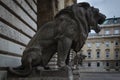 Central courtyard of the castle-palace of Buda with the statues of two big lions flanking the entrance, Budapest, Hungary