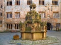 The central courtyard of Linlithgow Palace contains an ornate fountain