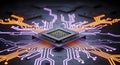 Central CPU microchip with glowing orange and purple circuits, technology and data processing, Royalty Free Stock Photo