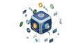 Centralized Blockchain Cube with Surrounding Digital Assets and Network Connections cryptocurrency Royalty Free Stock Photo
