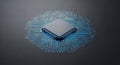 Central dark gray computer processor chip with a radiating pattern of glowing blue circuit board traces on a dark Royalty Free Stock Photo