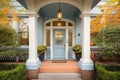 central door with portico, elegant colonial, lush shrubbery