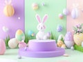 A vibrant, festive Easter scene featuring an animated bunny on a purple pedestal, surrounded by decorated eggs, Easter Royalty Free Stock Photo