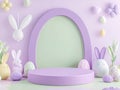 A whimsical Easter scene features a character-like egg chair and scattered Easter eggs in various sizes and colors - Royalty Free Stock Photo