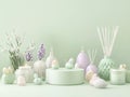 A soft-colored, aesthetically pleasing arrangement of decorative items on a surface, including bottles, jars, eggstone Royalty Free Stock Photo