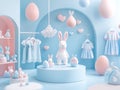 A charming Easter scene with a pink bunny, Easter baskets filled with treats, floating hearts, and colorful decorations Royalty Free Stock Photo