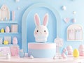 A vibrant Easter scene featuring a plush, animated Easter bunny character on a colored backdrop with Easter-themed items Royalty Free Stock Photo