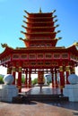 A view of the pagoda of Seven Days with a prayer drum and a mantra