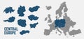 Central Europe map. Switzerland, Germany, Poland, Hungary, Austria maps with regions.