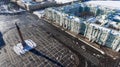 The central facade of the Winter Palace and the Alexander Column are on wintry Palace Square. Aerial view from drone. St Petersbur Royalty Free Stock Photo