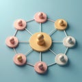 Central figure connects to multiple circles representing people in pastel network. Teamwork, connection visualized in abstract Royalty Free Stock Photo