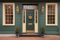 central front door of colonial house with brass details