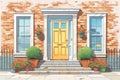 central front door of a stone clad colonial house, magazine style illustration