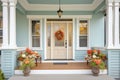 central front door with transom window, flower wreaths Royalty Free Stock Photo