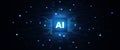 Glowing blue artificial intelligence microchip centered on dark digital circuit board network Royalty Free Stock Photo