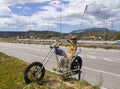 Central Greece, June 2020: Art object skeleton on a motorcycle-chopper Ghost rider on the autobahn in Greece Royalty Free Stock Photo