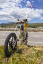 Central Greece, June 2020: Art object skeleton on a motorcycle-chopper Ghost rider on the autobahn in Greece Royalty Free Stock Photo