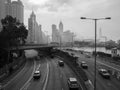 A monochromatic image of the Hong Kong skyline, viewed from Island Eastern Corridor Royalty Free Stock Photo